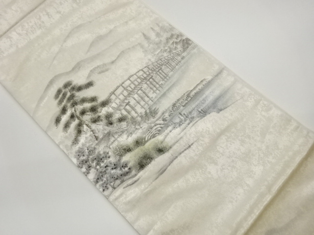 Artist's hand-painted pouch obi with a bridge and boat scene in a mountain range